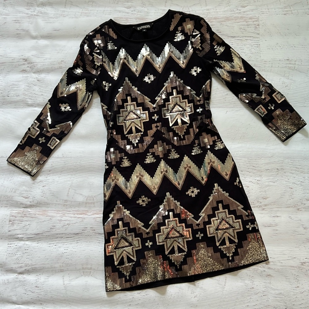 Express Aztec Sequin Long Sleeve Bodycon Dress XS